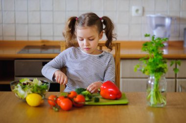 Sevimli kız genç okul çağındaki sebze ve yeşillik salatası için keser.