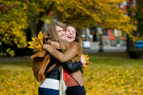 Two nice girls joyfully embrace in the autumn park. — Stock Photo, Image