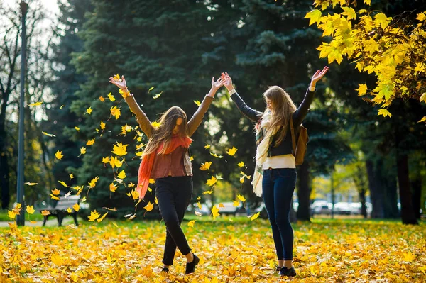 Due ragazze trascorrono allegramente del tempo nel parco autunnale . — Foto Stock