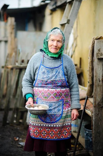 The elderly countrywoman gathers eggs in a hen house. — Stock Photo, Image