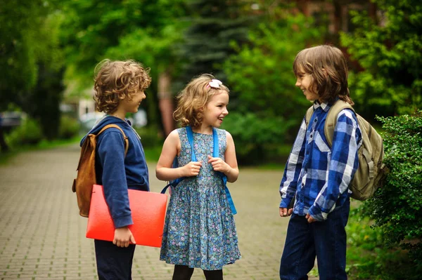 Los alumnos de la escuela primaria sobre algo hablan alegremente en el patio de la escuela . — Foto de Stock