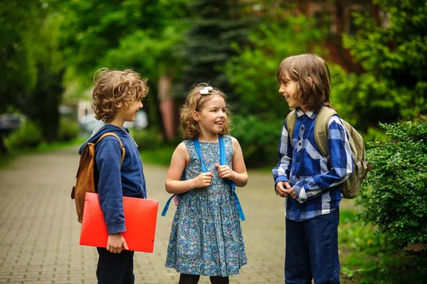 Lindos pequeños estudiantes de la escuela hablan rápidamente en el patio de la escuela . — Foto de Stock