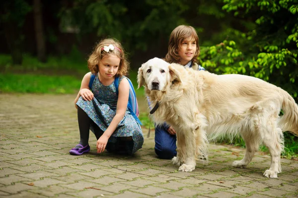 Los niños pequeños se reunieron en el camino a la escuela un perro grande . — Foto de Stock