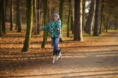 Çocuk 10-11 yıl sonbahar Park köpek yürüyüş.