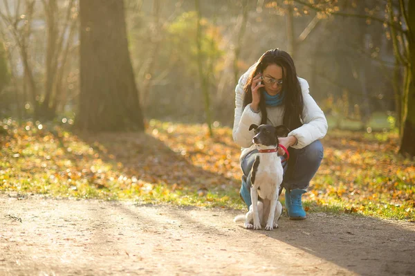 Mujer joven paseando con su perro en otoño Park . — Foto de Stock