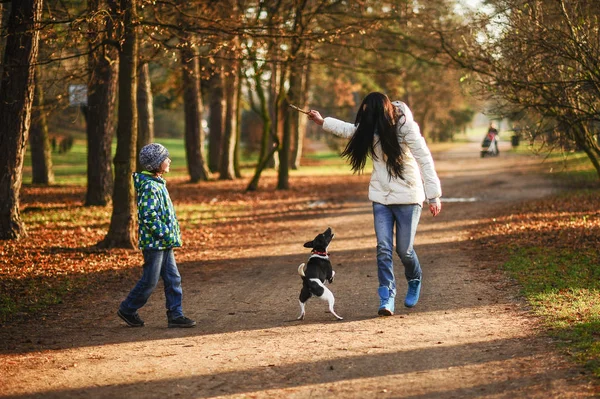 Madre e hijo pasean a su mascota en el parque de otoño . — Foto de Stock