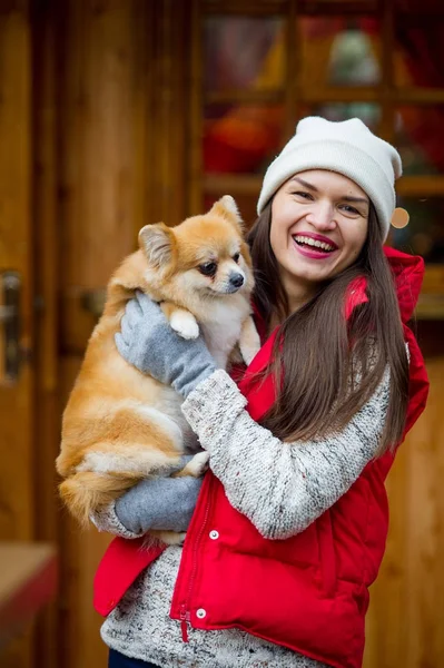 Cheerful Young Woman Pet Owner Holds Little Pomeranian Spitz Woman — Stock Photo, Image