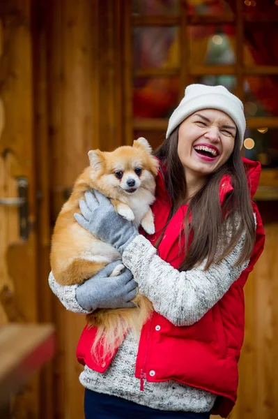 Cheerful Young Woman Pet Owner Holds Little Pomeranian Spitz Woman — Stock Photo, Image