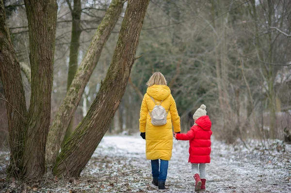 Jovem Mãe Está Andando Com Sua Filhinha Parque Inverno Terra — Fotografia de Stock