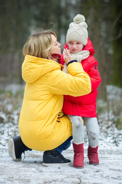 年轻的母亲控制着哭泣的孩子 女孩在散步时跌倒了 对她来说 这是病态和冒犯 慈爱的母亲使女儿平静下来 在冬季公园的背景下 免版税图库图片