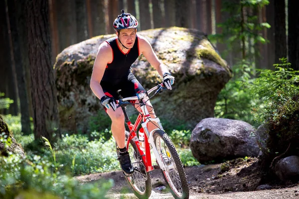 Uomo Guida Una Mountain Bike Una Strada Forestale — Foto Stock