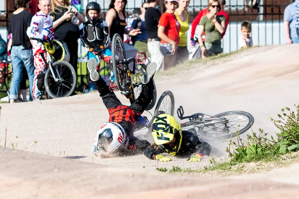 Championship Saint Petersburg Bmx Racing 2019 Collision Two Cyclists Bmx — Stock Photo, Image