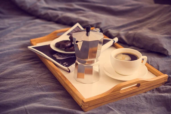 Coffee and breakfast in bed, cozy morning