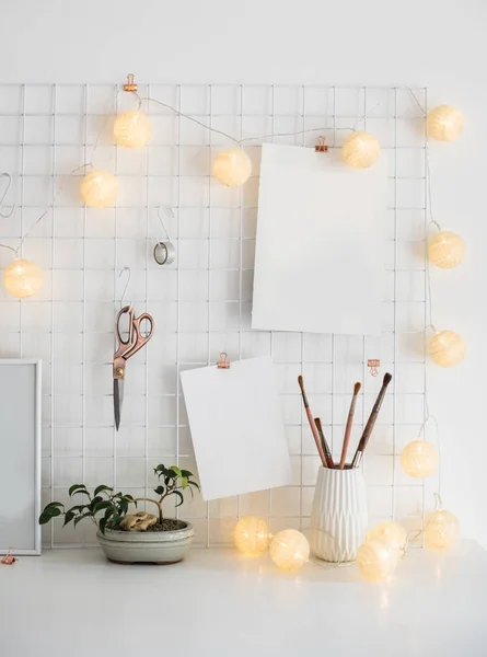 White home office room interior, bloggers workplace — Stock Photo, Image