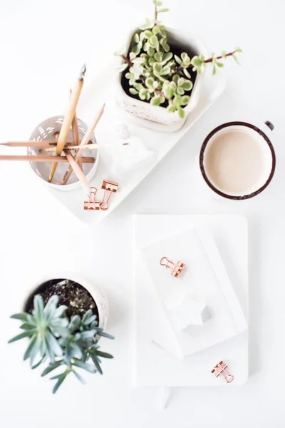 Schreibtisch flach mit Kaffee, Notizblöcken und Sukkulenten, sauber — Stockfoto