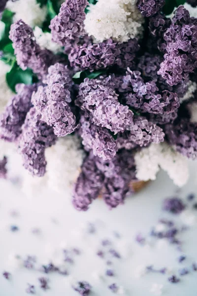 Bouquet of white and purple lilac flowers in wicker basket on ta — Stock Photo, Image