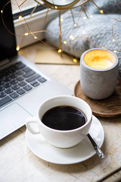 Cozy freelancers winter work place at home with cup of coffee — Stock Photo, Image