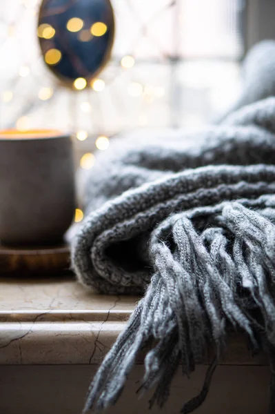 Warme en gezellige winter gebreide wollen deken — Stockfoto