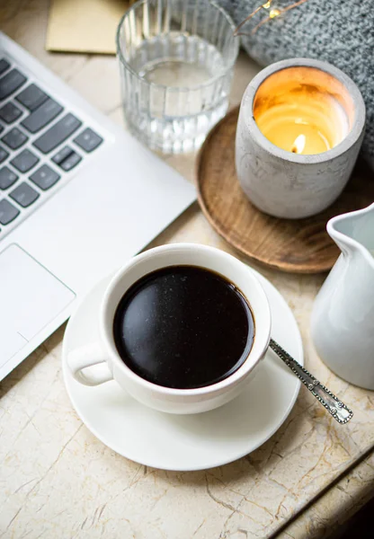 Cozy freelancers winter work place at home with cup of coffee — Stock Photo, Image