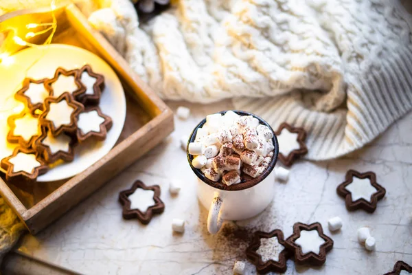 Comforting comida de Natal, caneca de cacau quente com marshmallow e biscoitos com luzes aconchegantes — Fotografia de Stock