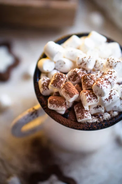 Cibo di Natale confortante, tazza di cioccolata calda con marshmallow e biscotti con luci accoglienti — Foto Stock
