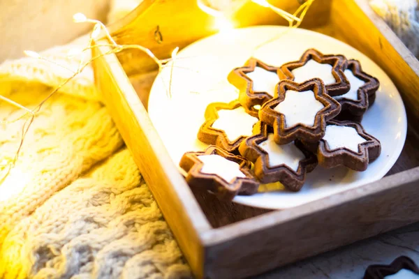 Comfortabel kersteten, mok warme chocolademelk met marshmallow en koekjes met gezellige lichtjes — Stockfoto