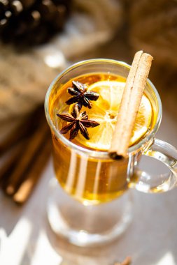 Hot winter drink with cinnamon and lemon on bright sunny day