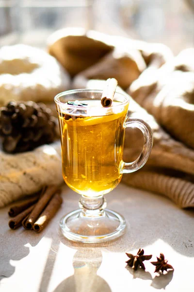 Hot winter drink with cinnamon and lemon on bright sunny day — Stock Photo, Image