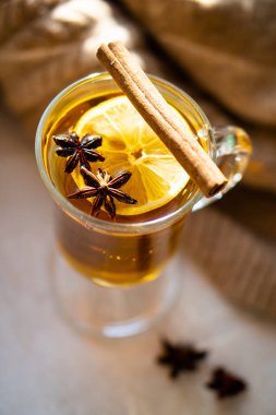 Hot winter drink with cinnamon and lemon on bright sunny day