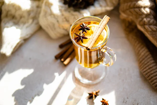 Hot winter drink with cinnamon and lemon on bright sunny day — Stock Photo, Image