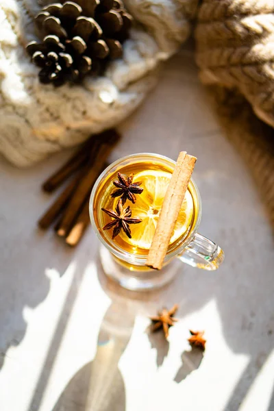 Hot winter drink with cinnamon and lemon on bright sunny day — Stock Fotó