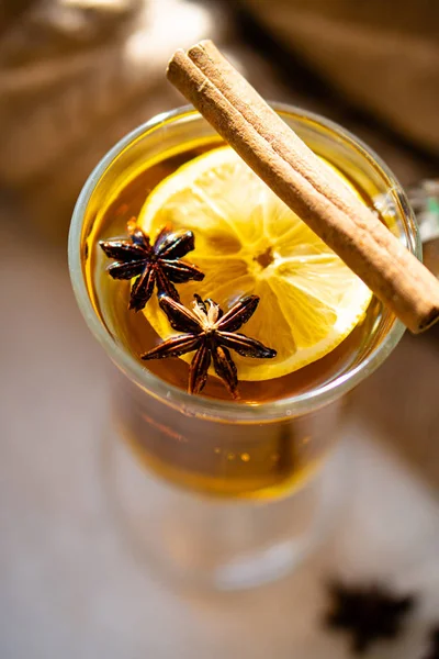 Hot winter drink with cinnamon and lemon on bright sunny day — Stock Fotó