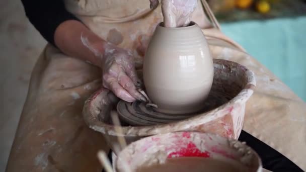 Mãos femininas fazendo panela de cerâmica de barro molhado em oficina de artesanato — Vídeo de Stock