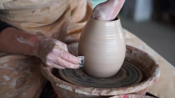 Женские руки, делающие керамический горшок из мокрой глины в мастерской — стоковое видео