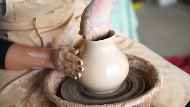 Mãos femininas fazendo panela de cerâmica de barro molhado em oficina de artesanato — Vídeo de Stock