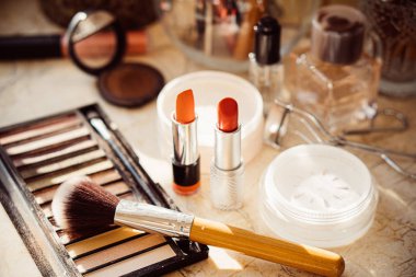 Real professional makeup tools and acessories, brushes and lipsticks