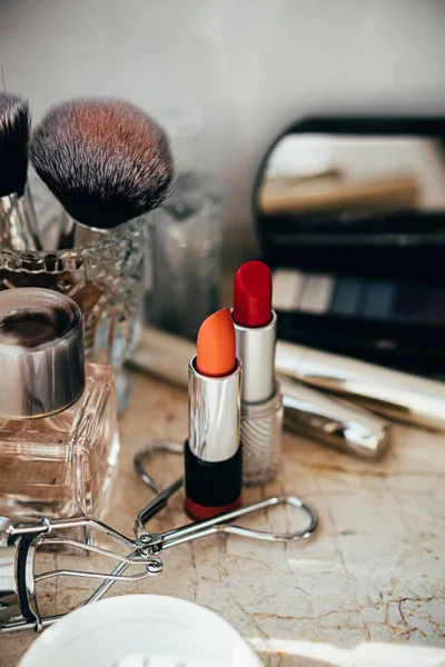 Real professional makeup tools and acessories, brushes and lipsticks