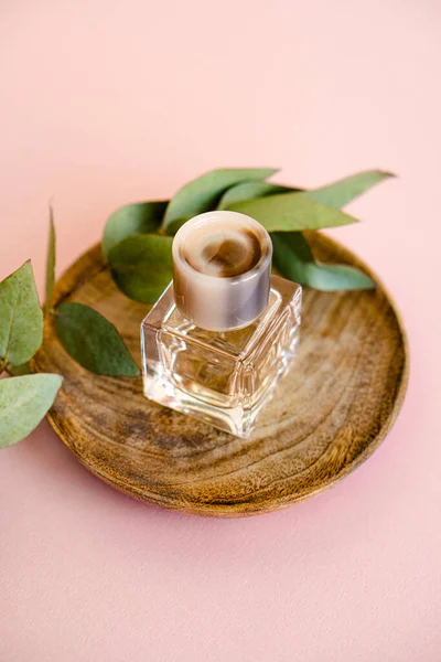 Butelka perfum i gałąź z liśćmi na różowym tle — Zdjęcie stockowe
