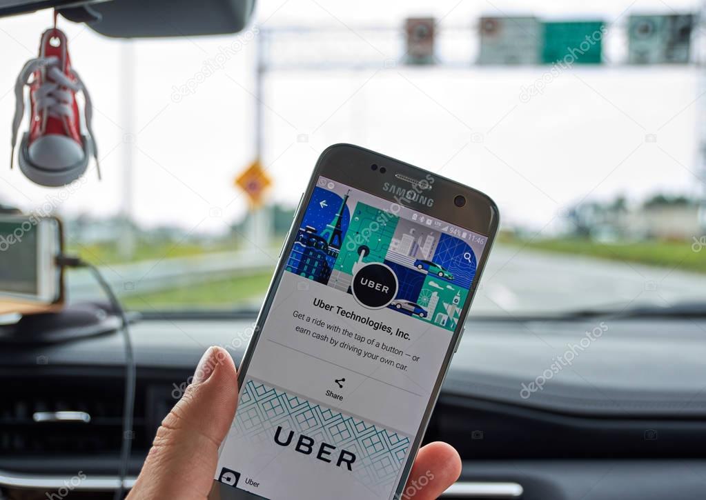 MONTREAL, CANADA - AUGUST 22, 2017 : Uber application on Samsung S7. Uber Technologies Inc. is an American technology company headquartered in San Francisco