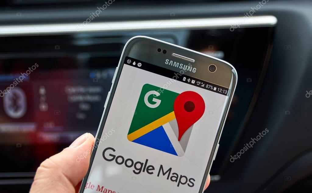 MONTREAL, CANADA - AUGUST 23, 2017 : Google Maps mobile app and logo. Google is an American multinational technology company that specializes in Internet-related services and products.