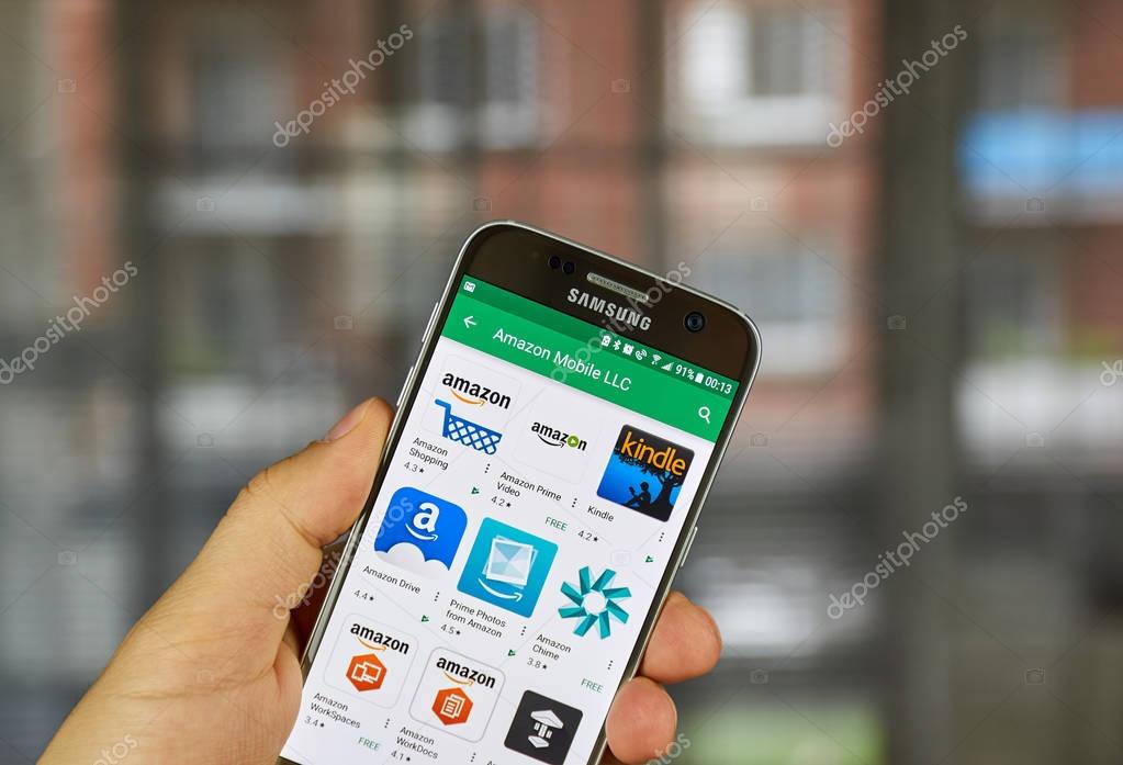 MONTREAL, CANADA - SEPTEMBER 29, 2017: Amazon applications on Samsung S7. Amazon.com, Inc., doing business as Amazon is an American electronic commerce and cloud computing company based in Seattle.