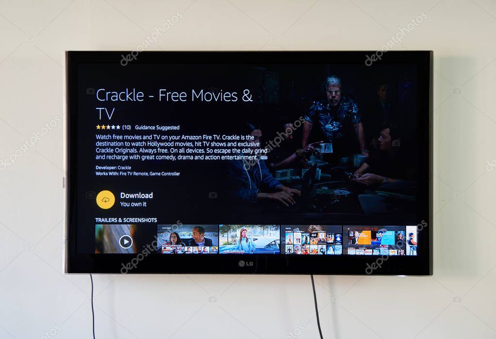 MONTREAL, CANADA - NOVEMBER 15, 2017: Crackle logo and app on LG TV screen. Crackle is a free to use video entertainment network featuring full length movies, TV shows and original programming.