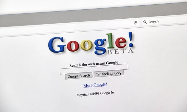 구글 1999 년 오래 된 스타일 검색 페이지. — 스톡 사진