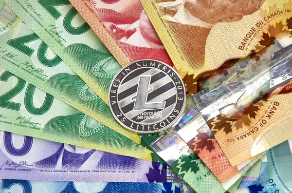 Montreal Kanada Marca 2018 Silver Litecoin Kryptowaluta Kanadyjskie Banknoty — Zdjęcie stockowe