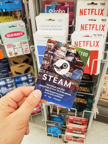 Montreal Canada Abril 2018 Uma Mão Segurando Cartão Presente Steam — Fotografia de Stock