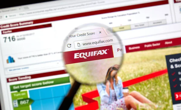 Montreal Canada April 2018 Equifax Official Site Logo Magnifying Glass — Stock Photo, Image