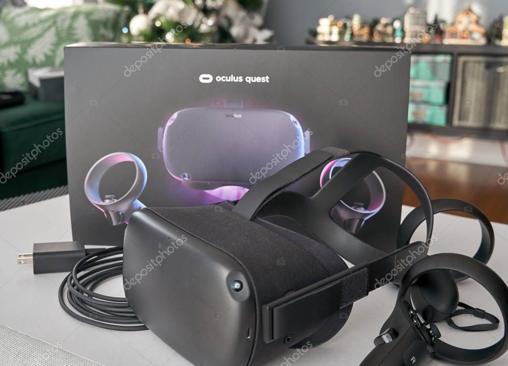 Montreal, Canada - December 23, 2019: Oculus Quest VR headset and controllers. The Oculus Quest is a first all in virtual reality wireless headset and system created by Oculus VR, division of Facebook