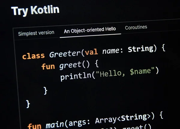 Kotlin programming language piece of code on a screen. Kotlin is a modern popular cross-platform, statically typed, general-purpose programming language