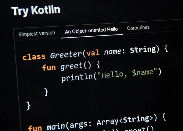 Kotlin Linguagem Programação Pedaço Código Uma Tela Kotlin Moderno Popular Fotos De Bancos De Imagens