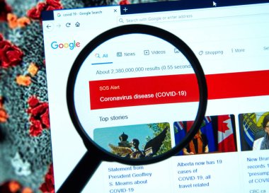 Montreal, Kanada - 11 Mart 2020: Google 'da Coronavirus Covid-19 ile ilgili Sos Alarmı. Coronavirus hastalığı 2019 Covid-19 şiddetli akut solunum sendromu koronavirüsü kaynaklı bulaşıcı bir hastalıktır.